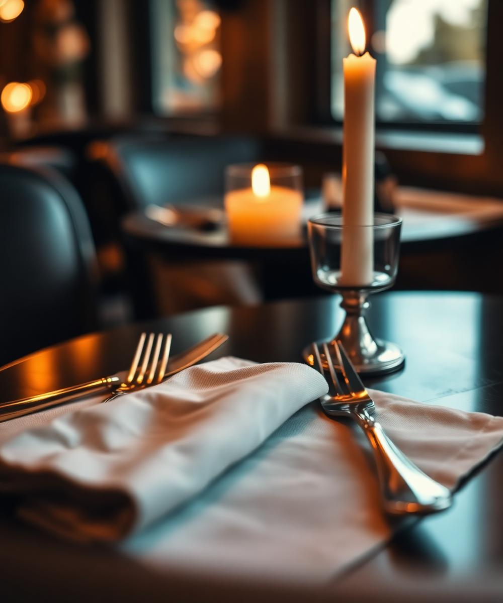 Détails de table - bougie, lin, couverts